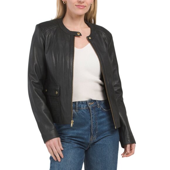 COLE HAAN Black Genuine Lambskin Woven Shoulder Jacket